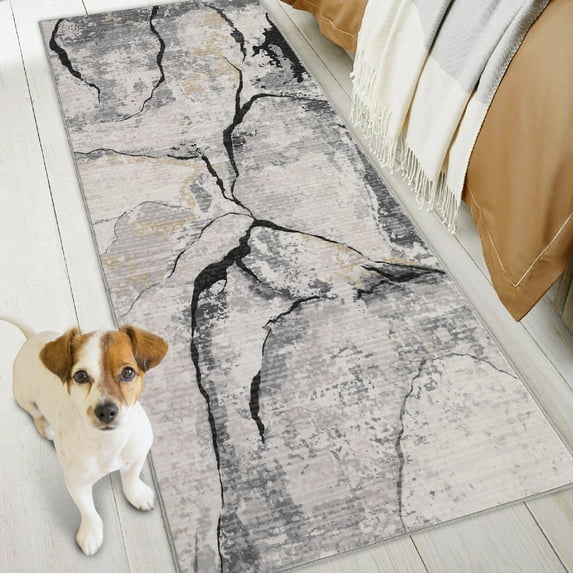 FairOnly 2'x6' Grey Modern Runner Rugs for Hallway Washable Soft Rug Abstract Rocks Print Runner Rugs for Entryway Laundry Kitchen