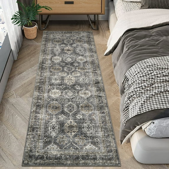 FairOnly 2'x6' Grey Oriental Vintage Distressed Runner Rugs for Hallway Machine Washable Non Slip Laundry Runner Rug for Entryway Kitchen