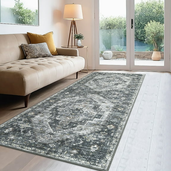 FairOnly 2'x6' Grey Vintage Washable Runner Rugs for Hallway Oriental Distressed Non Slip Laundry Rug Runner Rugs for Entryway Throw Rugs