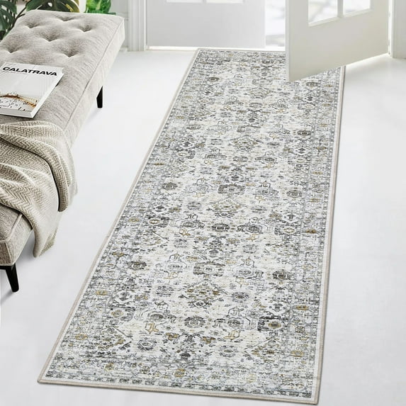 FairOnly 2'x6' Grey Washable Runner Rugs for Hallway Oriental Floral Non Slip Soft Runner Rugs for Entryway Kitchen Laundry Rugs