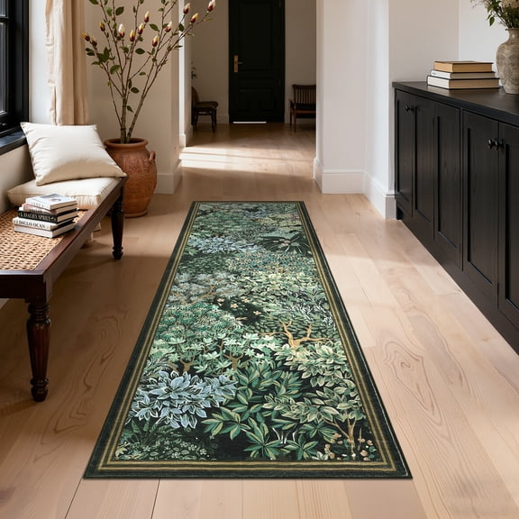 FairOnly 2'x6'Modern Flower Washable Runner Rug Ultra Thin Low Pile Non Slip Mat for Bedroom Kitchen Hallway,Blue Green