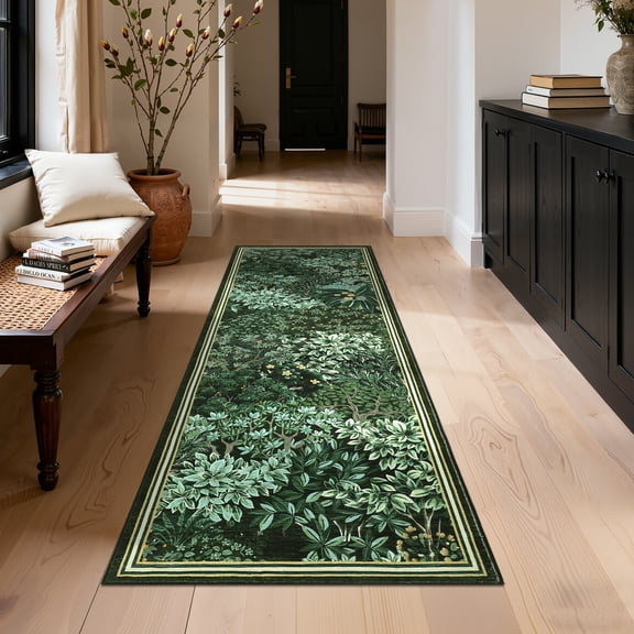 FairOnly 2'x6'Modern Flower Washable Runner Rug Ultra Thin Low Pile Non Slip Mat for Bedroom Kitchen Hallway,Green