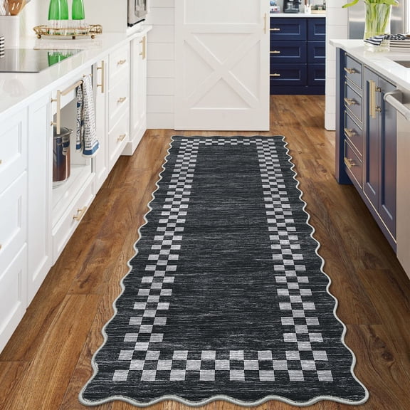 FairOnly 2'x6'Modern Low Pile Minimalist Runner Rug Geometric Ruffle Edge Non Slip Washable Mat for Hallway Laundry,Dark Grey