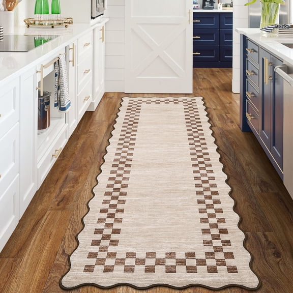 FairOnly 2'x6'Modern Low Pile Minimalist Runner Rug Geometric Ruffle Edge Non Slip Washable Mat for Hallway Laundry,Light Camel
