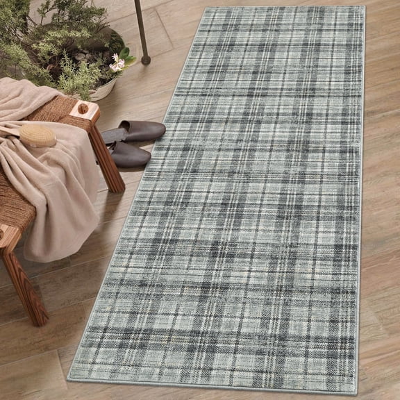 FairOnly 2'x6' Modern Machine Washable Runner Rug, Geometric Grid Ultra Thin Low Pile Non Slip Indoor Carpet for Kitchen Hallway Entryway, Green