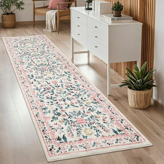 FairOnly 2'x6' Modern Meadow Bloom Non Slip Low Pile Area Rug Pastoral Floral Machine Washable Rug for Laundry Kitchen Hallway,Pink