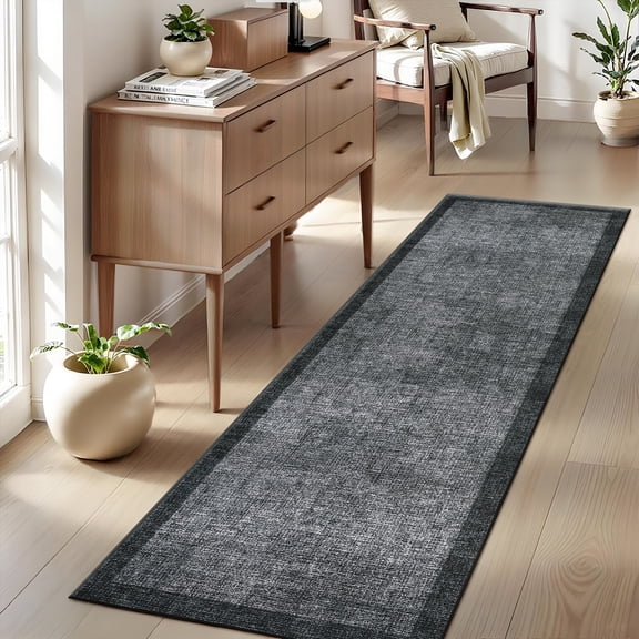 FairOnly 2'x6'Modern Minimalist Solid Color Washable Area Rug for BedroomPet Friendly Low Pile Non Slip Plain Tone Rug for Hallway Kitchen,Dark Grey
