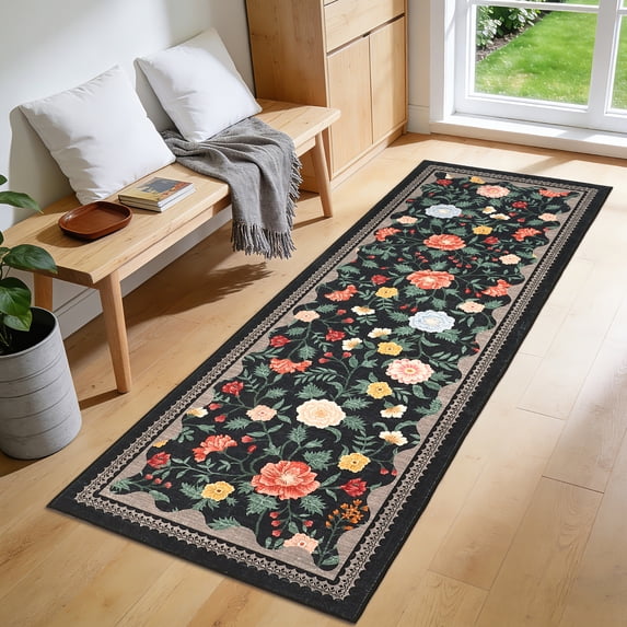 FairOnly 2'x6'Modern Pastoral Floral Print Machine Washable Runner Rug Stain Resistant Low Pile Non Slip Indoor Rug for Entrayway Kitchen Hallway,Black