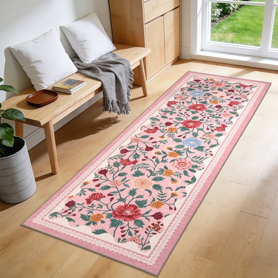 FairOnly 2'x6'Modern Pastoral Floral Print Machine Washable Runner Rug Stain Resistant Low Pile Non Slip Indoor Rug for Entrayway Kitchen Hallway,Pink