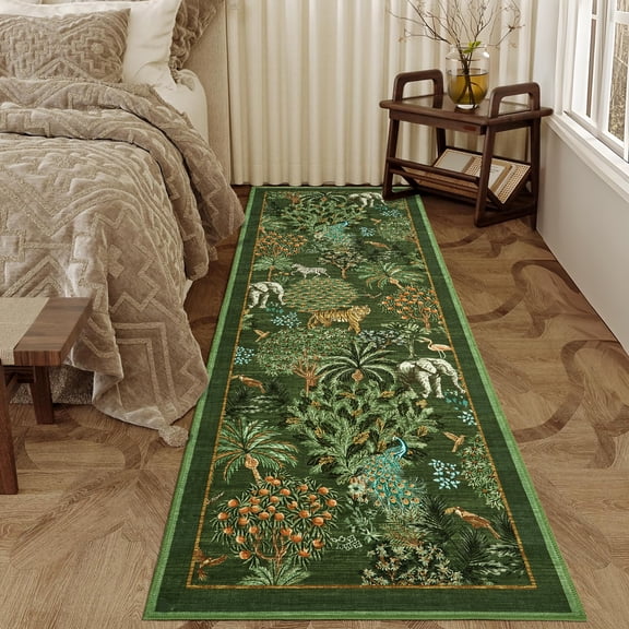 FairOnly 2'x6'Modern Pastoral Stain Resistant Runner Rug for laundry Non Slip Jungle Animal Pattern Indoor Floor Rug for Dinning Room Kitchen,Dark Green