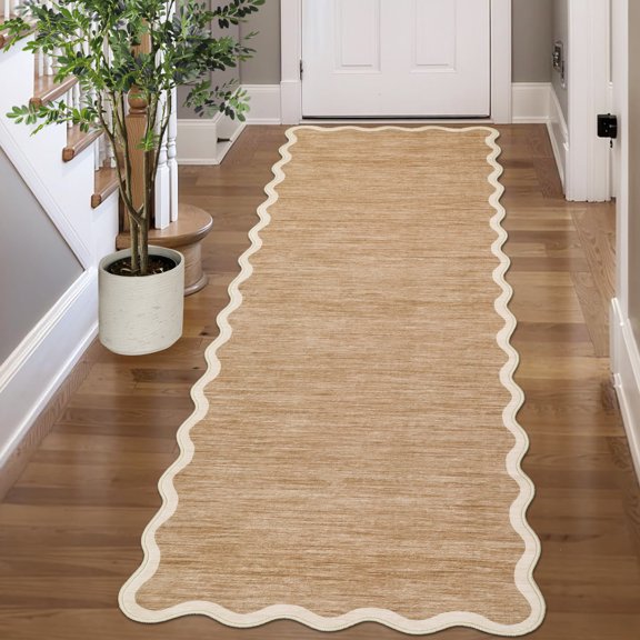 FairOnly 2'x6'Modern Solid Color Scalloped BorderRunner Rug Machine Washable Pet Friendly Ultra Thin Non Slip Floor Mat for Kitchen Hallway Bathroom,Camel