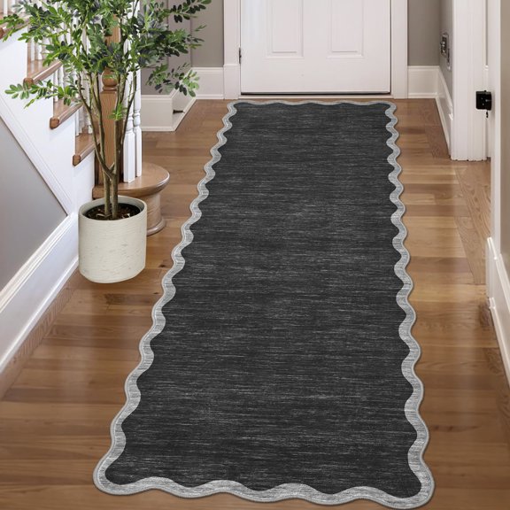 FairOnly 2'x6'Modern Solid Color Scalloped BorderRunner Rug Machine Washable Pet Friendly Ultra Thin Non Slip Floor Mat for Kitchen Hallway Bathroom,Dark Grey