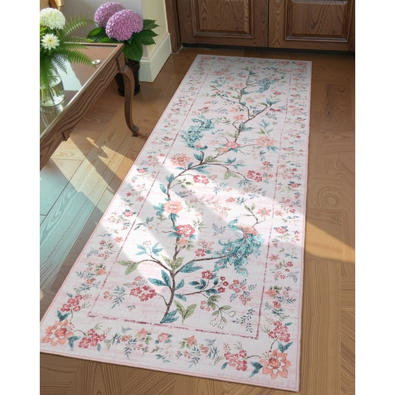 FairOnly 2'x6'Pastoral Boho Runner Rug Featuring Peacock & Floral Design for Hallway Bathroom Machine Washable Ultra Thin Low Pile Stain Resistant Floor Mat for Kitchen,Pink