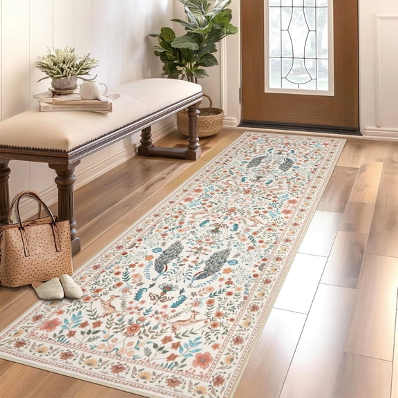 FairOnly 2'x6'Pastoral Machine Washable Runner Rug for Kitchen Stain Resistant Pet Friendly Low Pile Non Slip Indoor Floor Covering for Hallway Laundry,Beige Camel