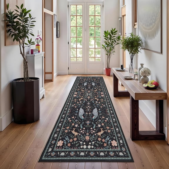 FairOnly 2'x6'Pastoral Machine Washable Runner Rug for Kitchen Stain Resistant Pet Friendly Low Pile Non Slip Indoor Floor Covering for Hallway Laundry,Black