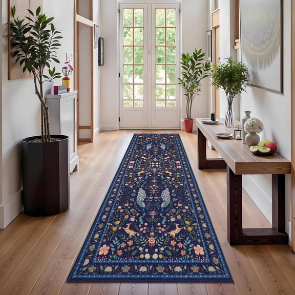 FairOnly 2'x6'Pastoral Machine Washable Runner Rug for Kitchen Stain Resistant Pet Friendly Low Pile Non Slip Indoor Floor Covering for Hallway Laundry,Blue