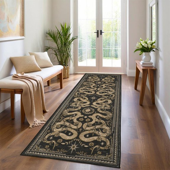 FairOnly 2'x6'Pastoral & Serpent Print Machine Washable Runner Rug Ultra Thin Low Pile Non Slip Retro Rug for Living Kitchen Hallway Entryway,Dark Grey