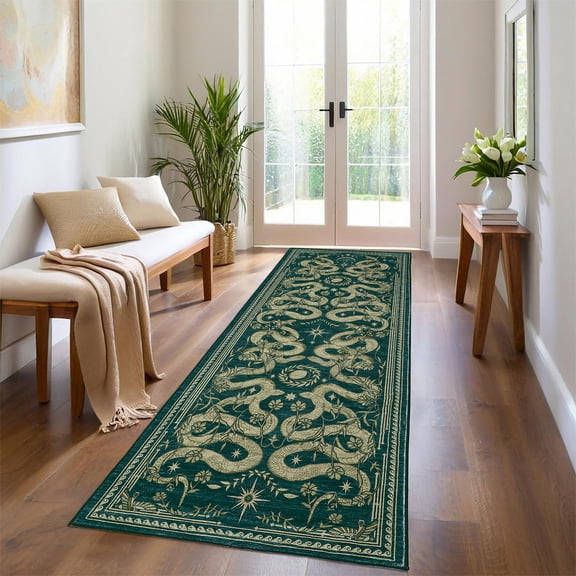 FairOnly 2'x6'Pastoral & Serpent Print Machine Washable Runner Rug Ultra Thin Low Pile Non Slip Retro Rug for Living Kitchen Hallway Entryway,Blue