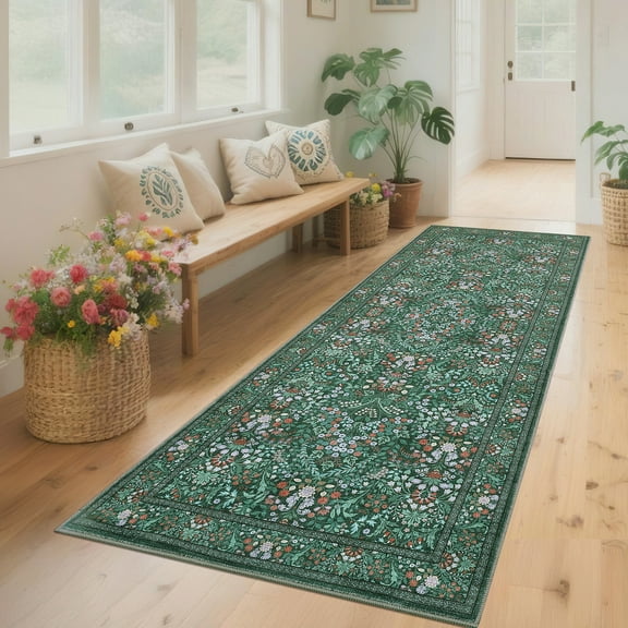 FairOnly 2'x6'Pastoral Washable Low Pile Modern Farmhouse Non Slip Foldable Runner Rug for Kitchen Hallway Entrance,Dark Green