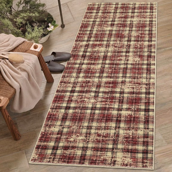 FairOnly 2'x6'Red Modern Machine Washable Geometric Irregular Grid RunnerRug for Kitchen Hallway Ultra Thin Low Pile Non Slip Rug for Laundry Bathroom