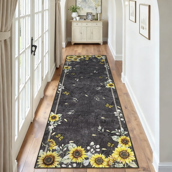 FairOnly 2'x6'Sunflower & Insects Runner Rug for Kitchen Hallway Stain Resistant Machine Washable Non Slip Mat for Entryway Laundry Bathroom,Black