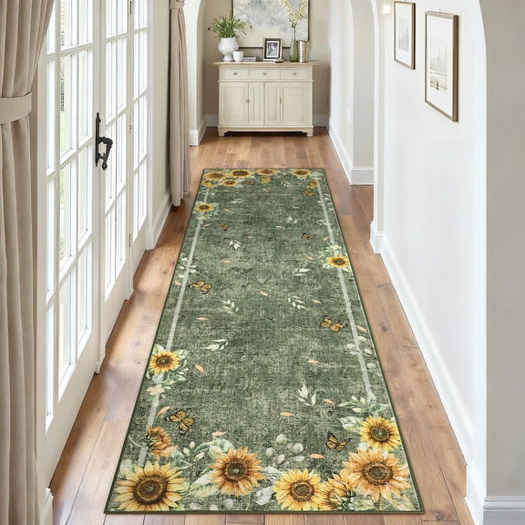 FairOnly 2'x6'Sunflower & Insects Runner Rug for Kitchen Hallway Stain Resistant Machine Washable Non Slip Mat for Entryway Laundry Bathroom,Green