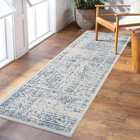 FairOnly 2'x6' Vintage Runner Rug Hallway Area Rugs for Kitchen Washable Non-Slip Blue Soft Rug for Bedroom