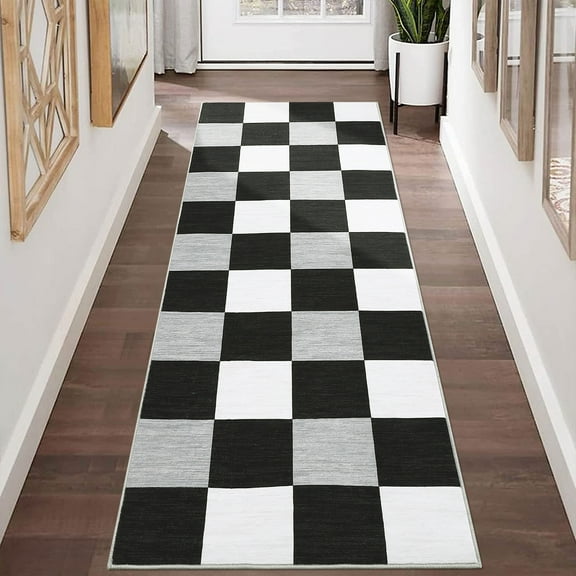 FairOnly 2'x6' Washable Runner Rugs for Hallway Black and White Plaid Entryway Rug Stain-Resistant Rugs for Kitchen Laundry