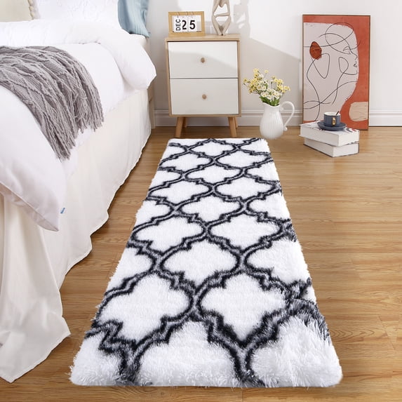 FairOnly 2'x6'Washable Silk Wool Geometric Runner Rug for Bedroom Non Slip Ultra Soft Modern Indoor Rug for Living Room Dining Room,White Black