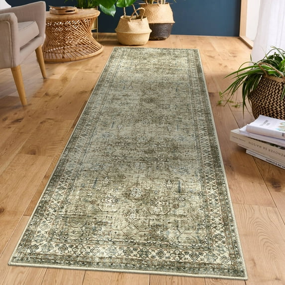 FairOnly 2'x8'Distressed Oriental Floral Machine Washable Runner Rug for Living Room Vintage Non Slip Rug for Laundry Bathroom,Brown