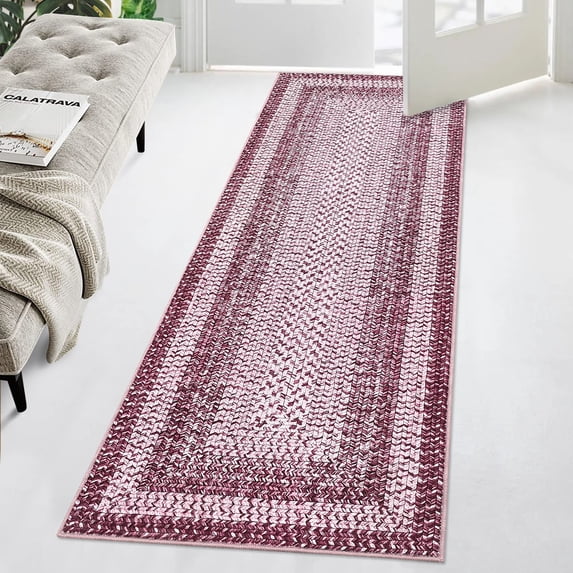 FairOnly 2'x8' Machine Washable Hallway Runner Rugs Braided Print Non Slip Runner Rugs for Entryway Laundry Room Rug Pink Soft Throw Rugs