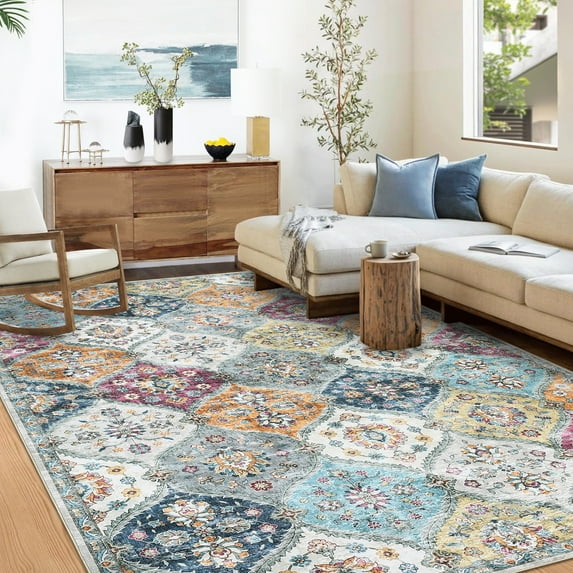 FairOnly 3'x5'Boho Vintage Floral Printed Machine Washable Rug for Living Room Bedroom Low Pile Stain Resistant Oriental Floor Area Rug for Kitchen Laundry,Yellow Purple