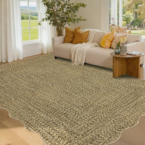FairOnly 3'x5'Modern Ripple Weave Texture Machine Washable Area Rug for Living Room Ultra Thin Low Pile Non Slip Rug for Living Room Bedroom Kitchen,Beige Yellow