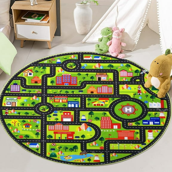 FairOnly 4'x4' Black Washable Round Rug Kids Chidren Learning Rugs City Traffic Road Rugs for Playroom Nursery Soft Non Slip Educational Playmat for Infant Toddlers