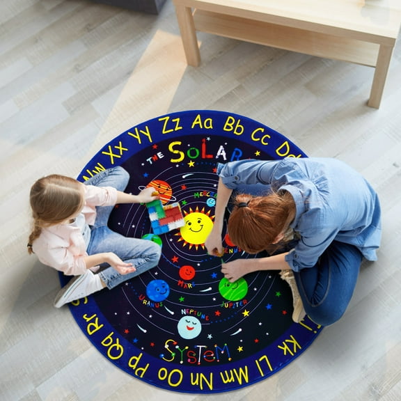 FairOnly 4'x4' Educational Round Rugs Washable Kids Chidren Playmat Alphabet Solar System Learning Rugs Soft Ultra-Thin Infant Toddlers Galaxy Planets Rugs for Playroom Nursery