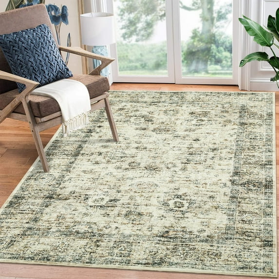 FairOnly 4'x6' Beige Bohemian Floral Area Rug Machine Washable Ultra-Thin Vintage Rugs for Bathroom Stain-Resistant Indoor Floor Rug