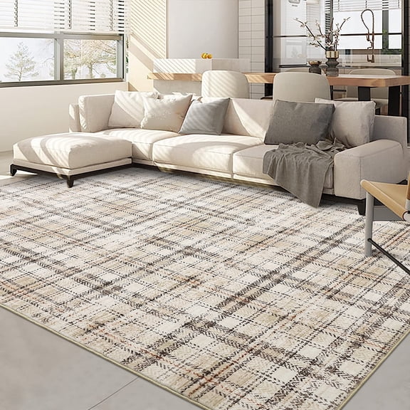 FairOnly 4'x6' Modern Machine Washable Area Rug, Geometric Grid Thin Low Pile Non Slip Carpet for Home Office Bedroom Laundry Room, Blue Beige