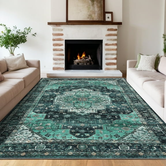 FairOnly 4'x6' Bohemian Floral Machine Washable Area Rug Low Pile Soft Vintage Rugs for Family Room Nursery Green Non Slip Area Rugs