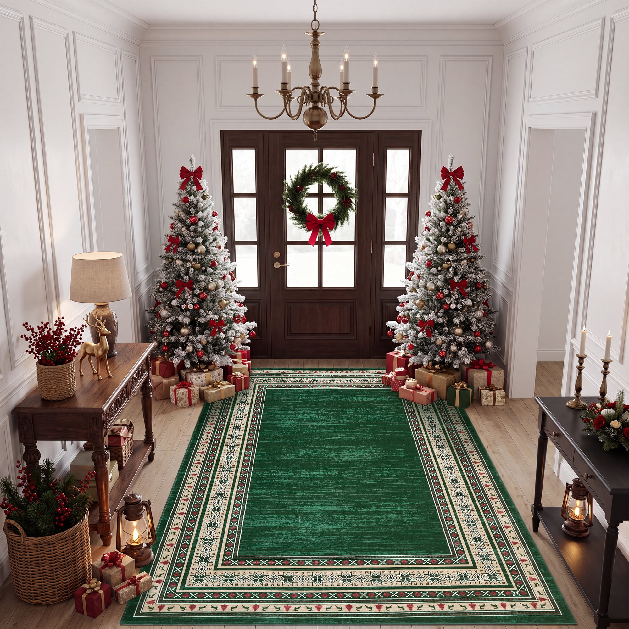 FairOnly 4'x6' Christmas Area Rug, Machine Washable Border Tree Print ...