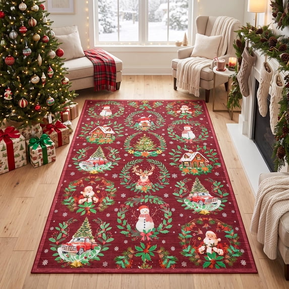 FairOnly 4'x6' Christmas Area Rug, Machine Washable Santa Wreath Print ...
