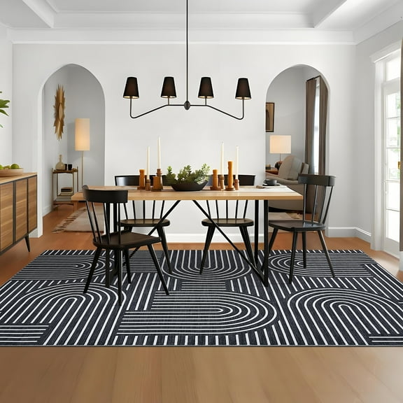 FairOnly 4'x6'Geometric Area Rug Washable Ultra Thin Non-Slip Pet Friendly Modern Striped Rug for Living Room Bedroom Kitchen，Black