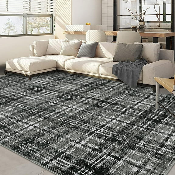 FairOnly 4'x6'Grey Modern Machine Washable Geometric Irregular Grid Area Rug for Kitchen Bedroom Ultra Thin Low Pile Non Slip Indoor Rug for Living Room Laundry Bathroom