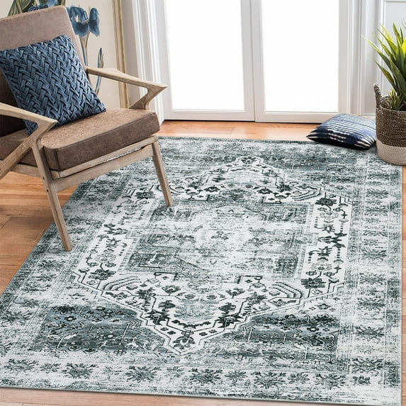 FairOnly 4'x6' Grey Rugs Washable Vintage Area Rugs Ultra-Thin Rugs for Bathroom Bohemian Floral Nursery Area Rug for Kitchen
