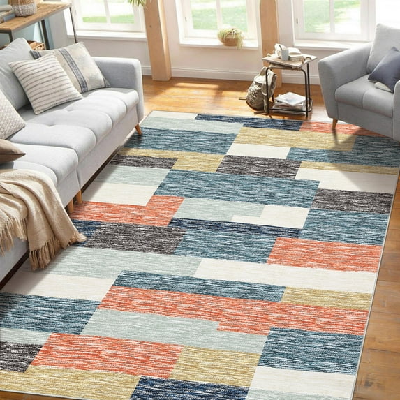 FairOnly 4'x6' Machine Washable Rugs for Bedroom Geometric Ultra-Thin Area Rugs for Living Room Blue Orange Stain-Resistant Indoor Floor Rug