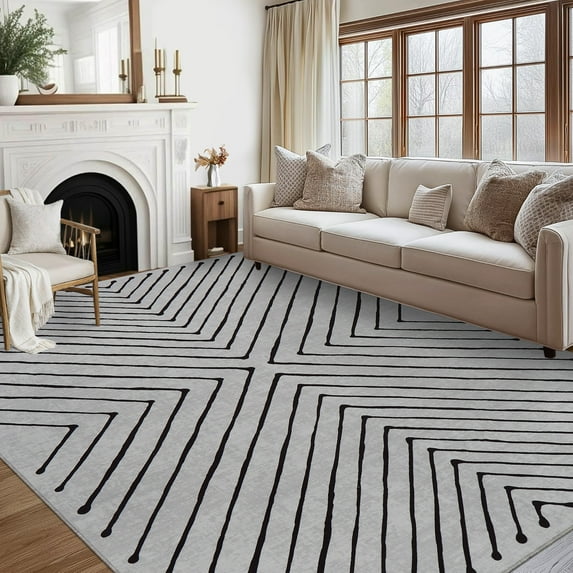 FairOnly 4'x6'Modern Area Rug with Symmetrical Fine Lines Machine Washable Low Pile Non-Slip Geometric Rugs for Living Room Bedroom,Beige White