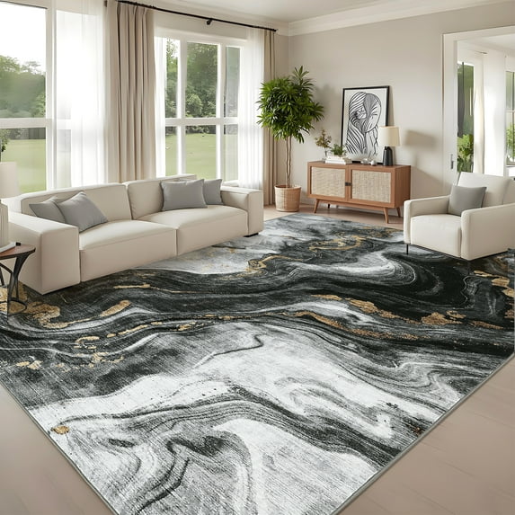 FairOnly 5'x7'Black Modern Abstract Non Slip Indoor Area Rug Machine Washable Stain Resistant Floor Cover for Bedroom Kitchen Dining Room