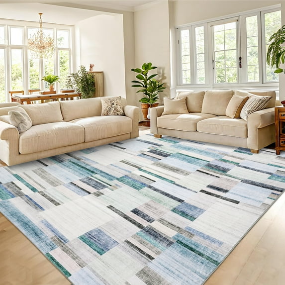 FairOnly 5'x7'Blue Checkered Washable Area Rug for Living Room Retro-Modern Non Slip Stain Resistant Rug for Kitchen Bedroom Bathroom