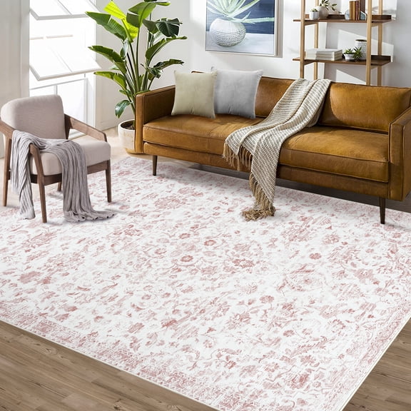 FairOnly 5'x7'Boho Vintage Floral Area Rug Low Pile Non Slip Oriental Style Washable Carpet for Living Room Bedroom Entrance,Pink