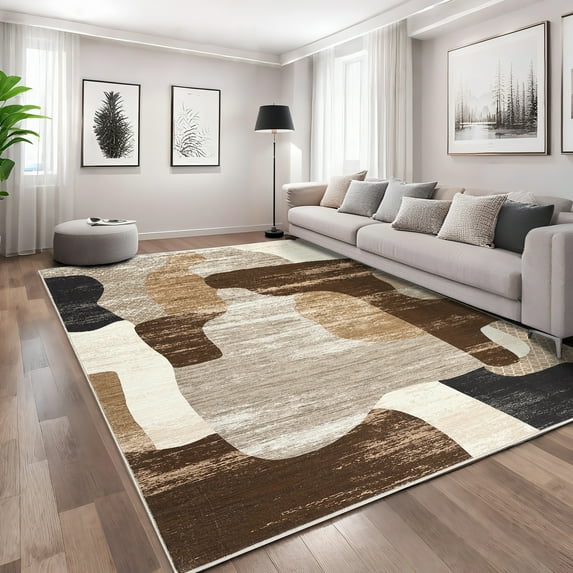 FairOnly 5'x7'Brown Abstract Low Pile Machine Washable Area Rug Modern Color Block Non Slip Rugs for Living Room Beroom Home Office