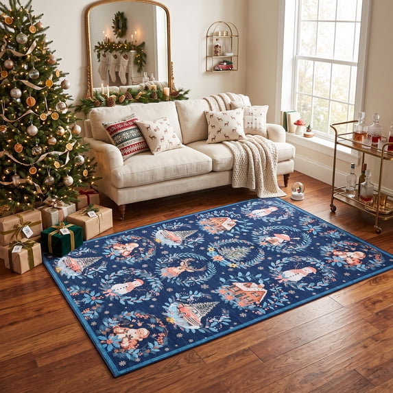 FairOnly 5'x7' Christmas Area Rug, Machine Washable Santa Wreath Print ...